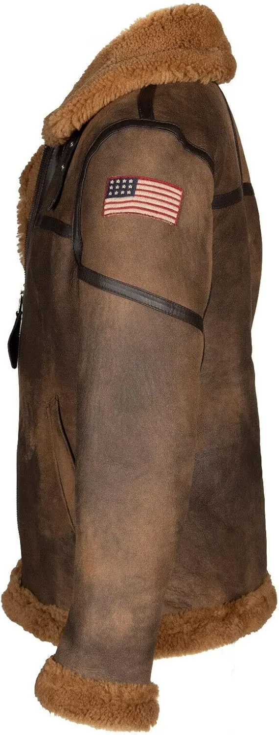 Infinity Leather Men's Brown B3 Sheepskin Jacket Shearling Aviator Pilot Flying US Badges