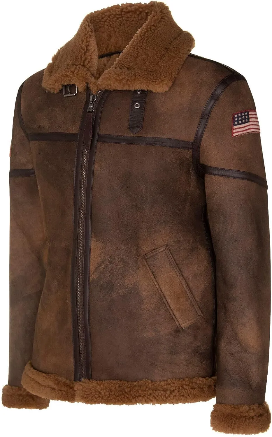 Infinity Leather Men's Brown B3 Sheepskin Jacket Shearling Aviator Pilot Flying US Badges