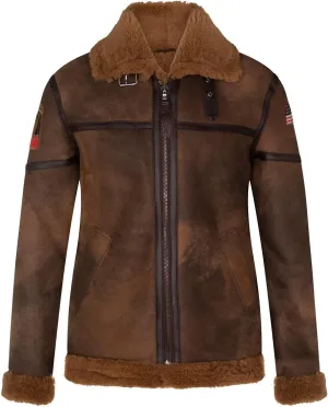 Infinity Leather Men's Brown B3 Sheepskin Jacket Shearling Aviator Pilot Flying US Badges