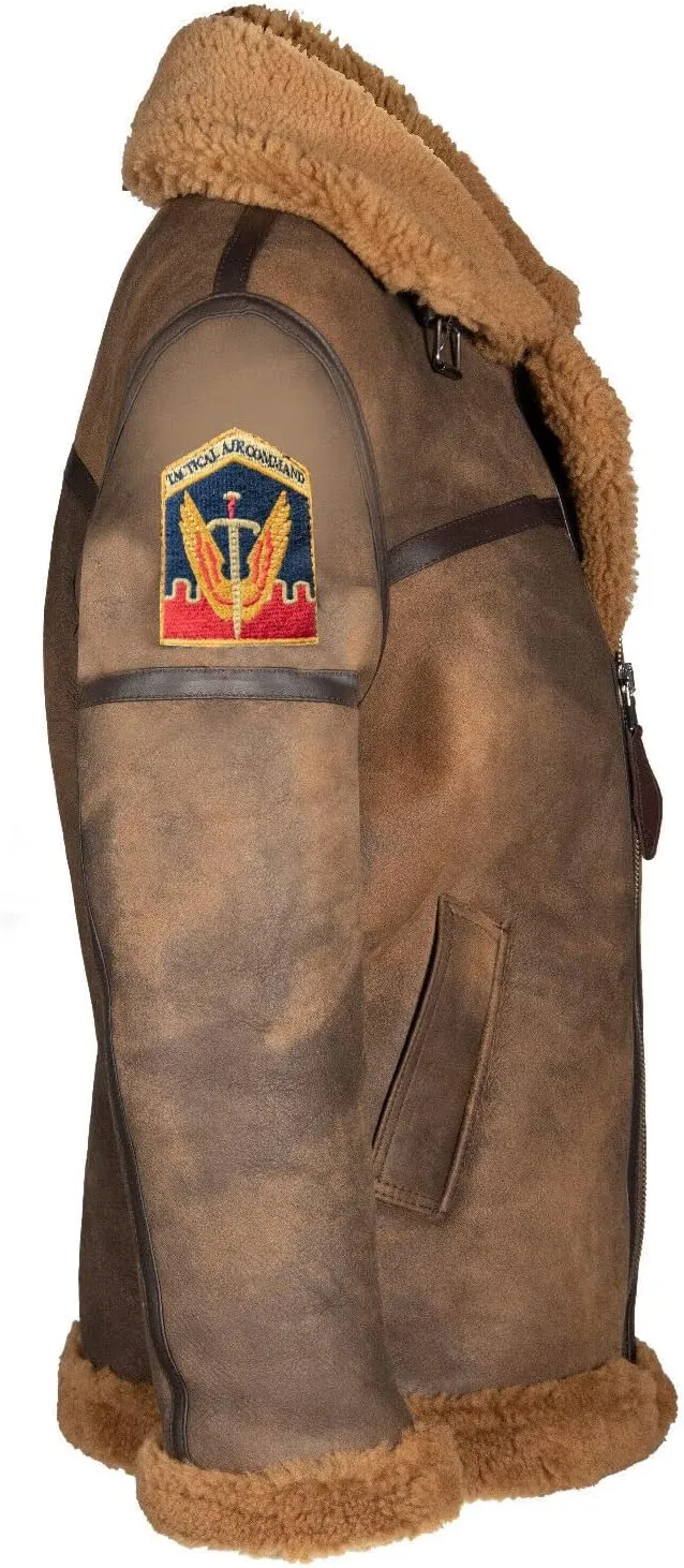 Infinity Leather Men's Brown B3 Sheepskin Jacket Shearling Aviator Pilot Flying US Badges
