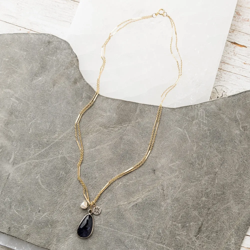 Iolite Necklace with Keshi Pearl and Diamond Starburst