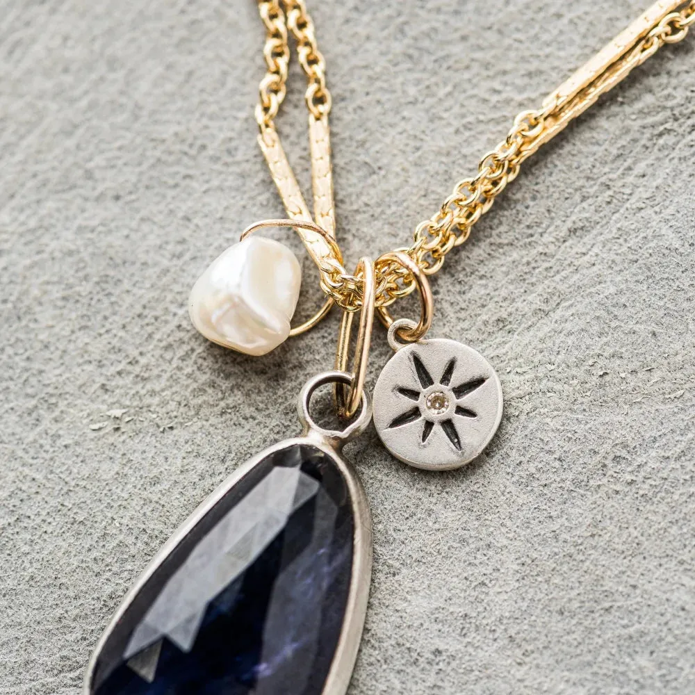 Iolite Necklace with Keshi Pearl and Diamond Starburst