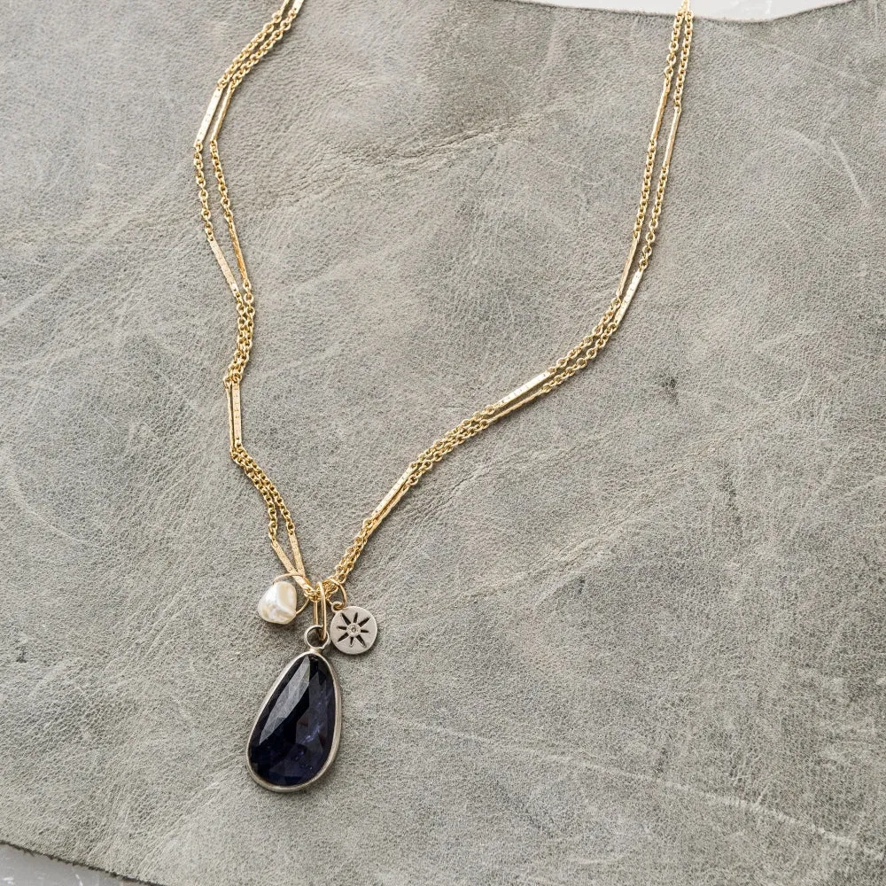 Iolite Necklace with Keshi Pearl and Diamond Starburst