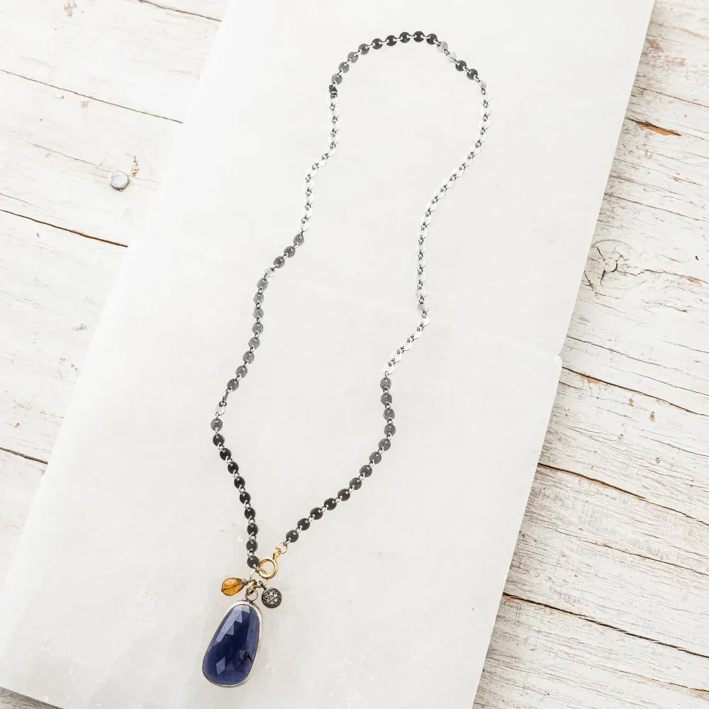 Iolite Necklace with Whiskey Quartz and Pavé Diamond Disc