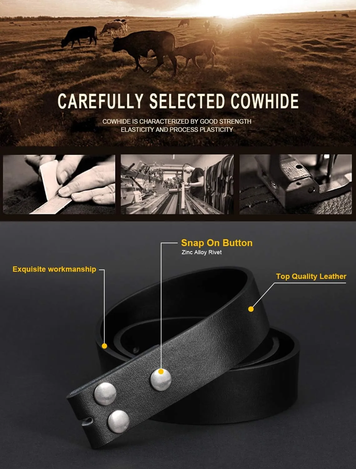 JASGOOD Mens Western Leather Belt Strap Without Buckle 1.5" Vintage Replacement Cowboy Leather Belt Strap with Snap on Buckle