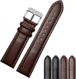 Jaxon Top Grain Calf Leather Strap Silver Buckle- Premium Watchband Replacement for Men & Women- Classic Wristwatch Band Brown Leather with White Thread, 19mm