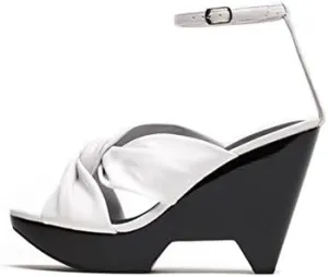 Jeffrey Campbell Dosha White Black Open Toe Ankle Strap Wedge Sandals