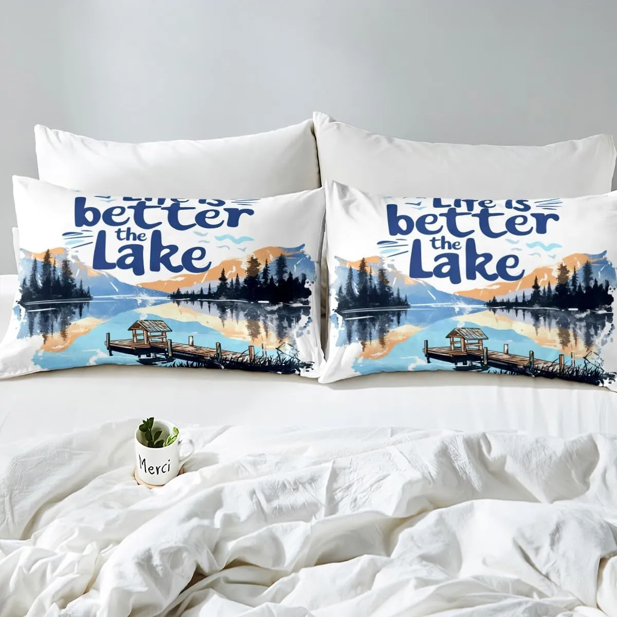 jejeloiu Lake Duvet Cover King Size Kids Lakeside Fishing Comforter Cover for Boys Girls Teens Cabin Mountain Bedding Set Breathable Tree Bedroom Decor Bedclothes