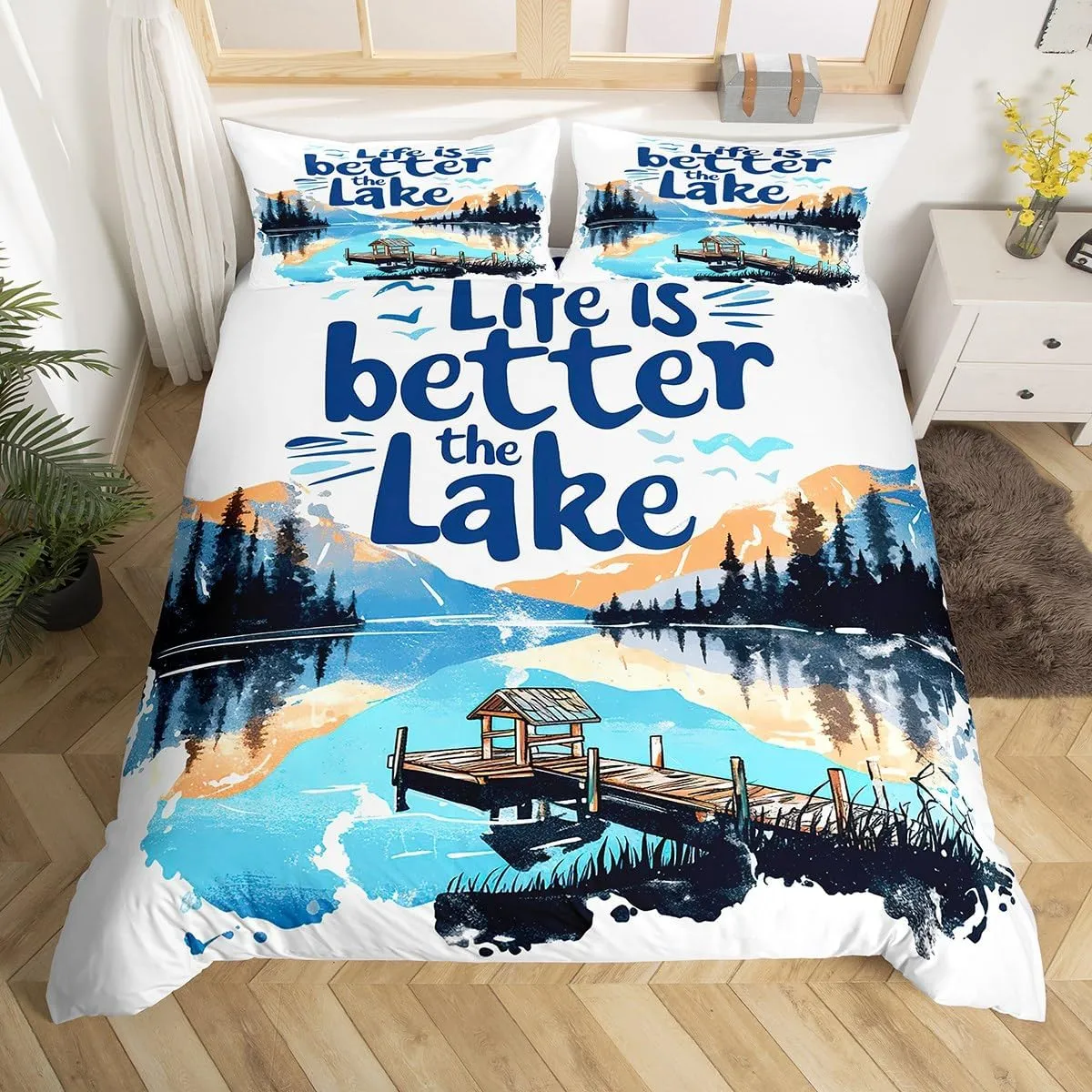 jejeloiu Lake Duvet Cover King Size Kids Lakeside Fishing Comforter Cover for Boys Girls Teens Cabin Mountain Bedding Set Breathable Tree Bedroom Decor Bedclothes