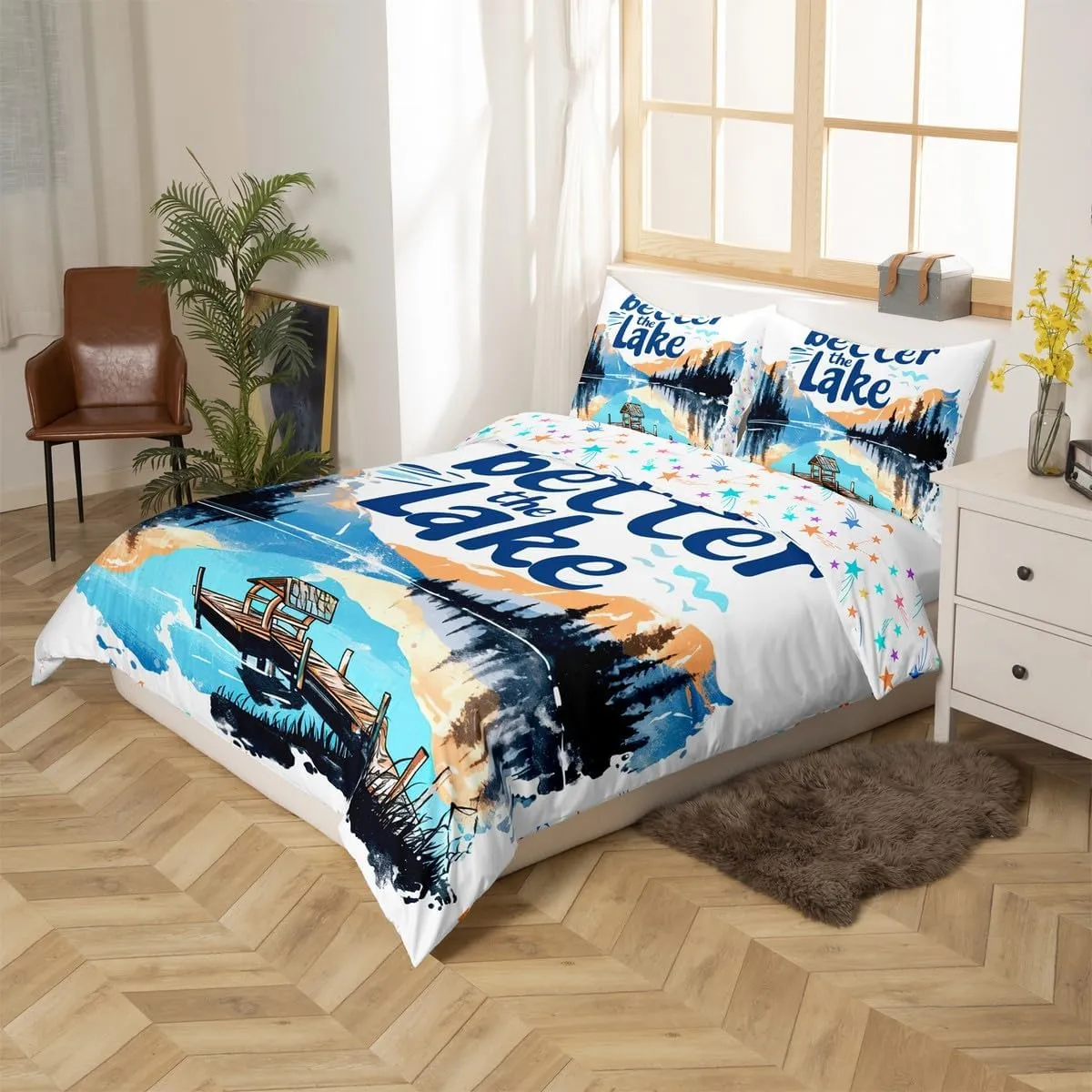jejeloiu Lake Duvet Cover King Size Kids Lakeside Fishing Comforter Cover for Boys Girls Teens Cabin Mountain Bedding Set Breathable Tree Bedroom Decor Bedclothes