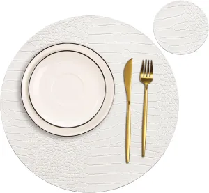 Jovono Round Leather Placemats for Round Tables Set of 6, White Place Mats and Coasters, Wipeable Waterproof Heat Resistant Table Mats Easy to Care for Indoor Decor 14 inch Diameter
