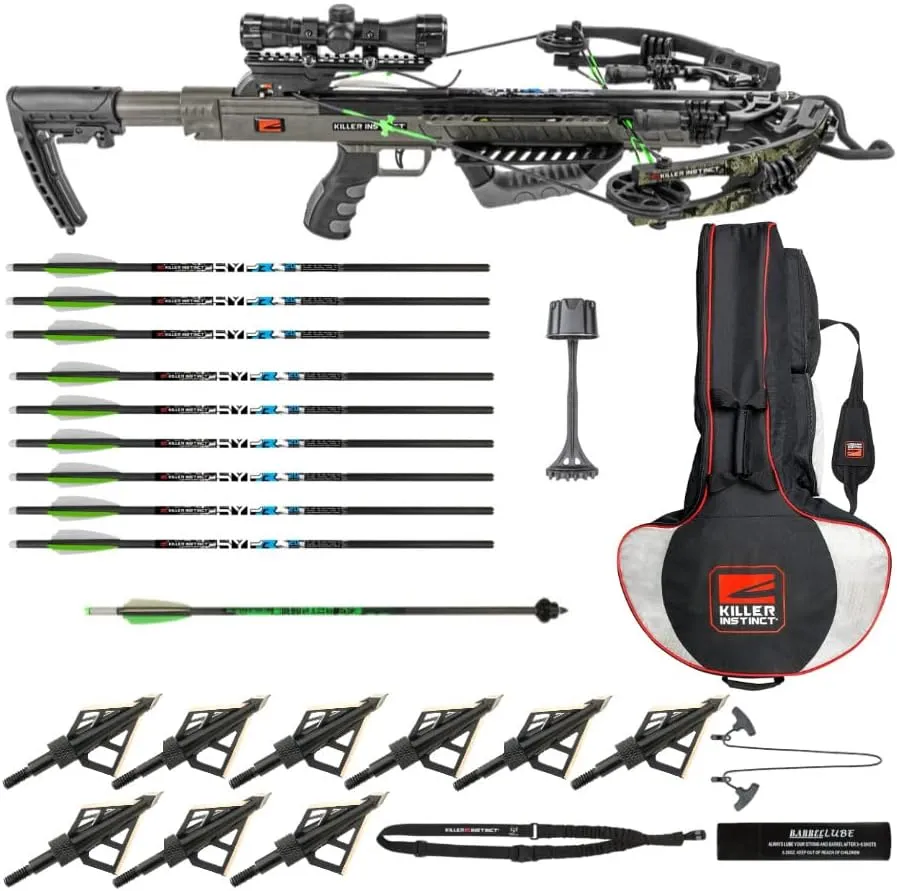Killer Instinct Boss 405 FPS Deluxe Crossbow Package Bundle with Crossbow Carrying Case, 9-Pack of Crossbow Bolts and Broadheads, Decocking Bolt, Sling and Accessories (7 Items)