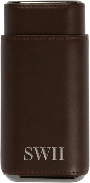 Klaro Monogrammed Premium 3 Cigar Protective Travel Case, Genuine Real Top Grain Brown Leather, Cedar Lined with Gold Metal End Caps, Gift Ready Packaging, Portable Travel Box