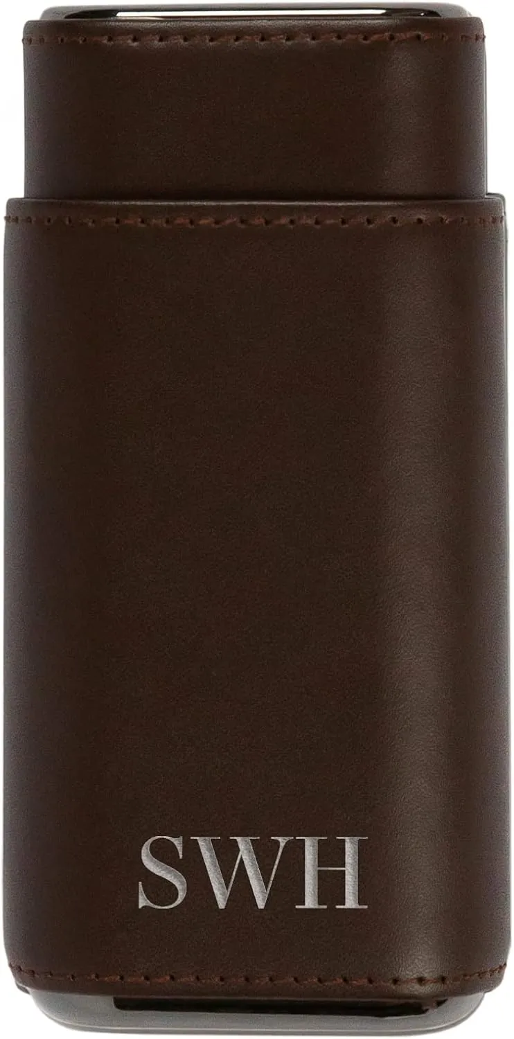Klaro Monogrammed Premium 3 Cigar Protective Travel Case, Genuine Real Top Grain Brown Leather, Cedar Lined with Gold Metal End Caps, Gift Ready Packaging, Portable Travel Box