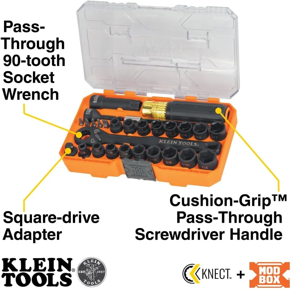 Klein Tools 65400KNECT KNECT Essential Pass Through Impact Socket Set, SAE and Metric, 90-Tooth Ratchet, MODbox Case, 3/8-Inch Drive, 28-Piece