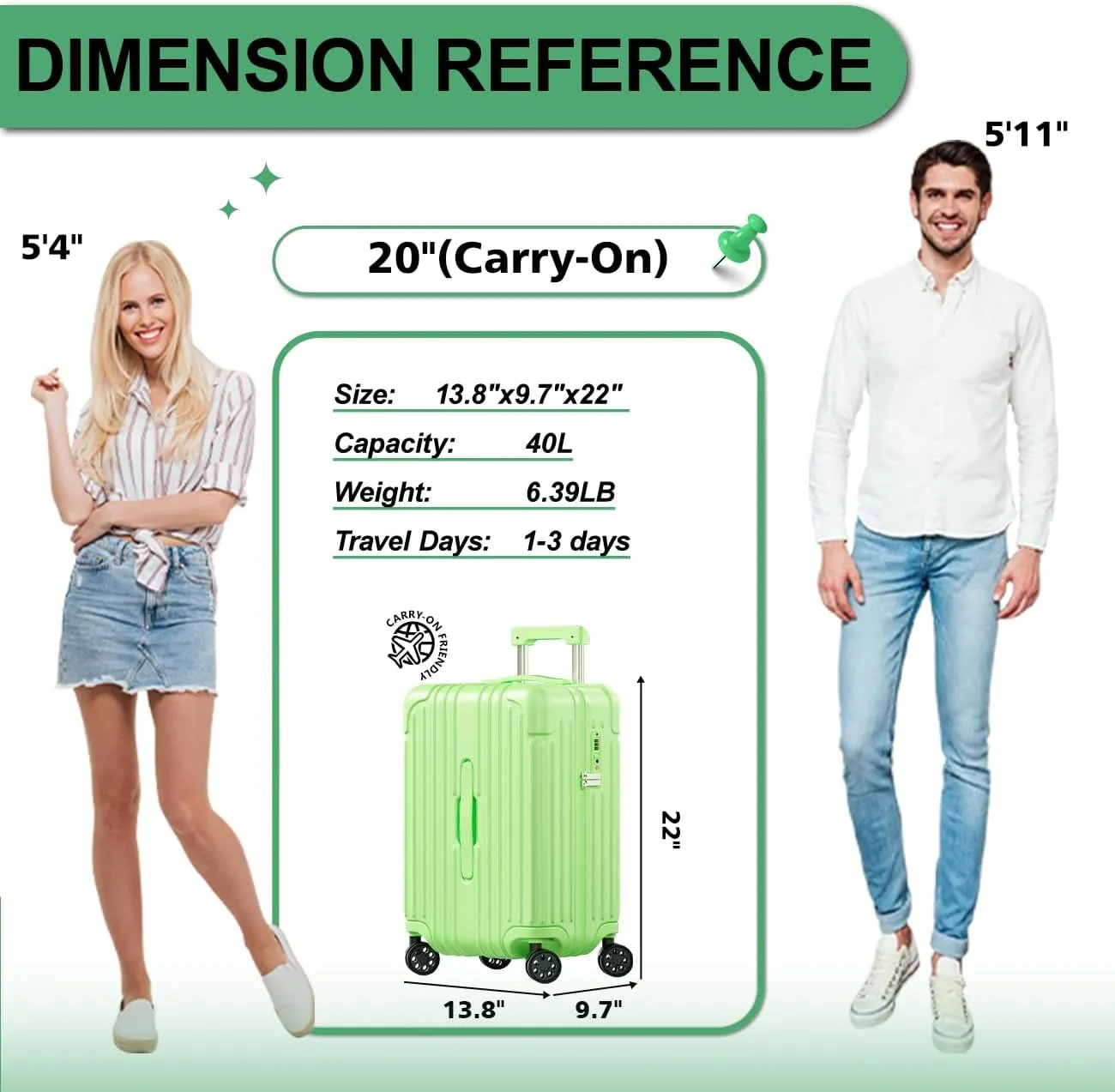 Krute Carry on Luggage 20 Inch USB Suitcases with Spinner Double Wheels Cup Holder PC ABS Hardside Luggage with TSA Lock (AppleGreen
