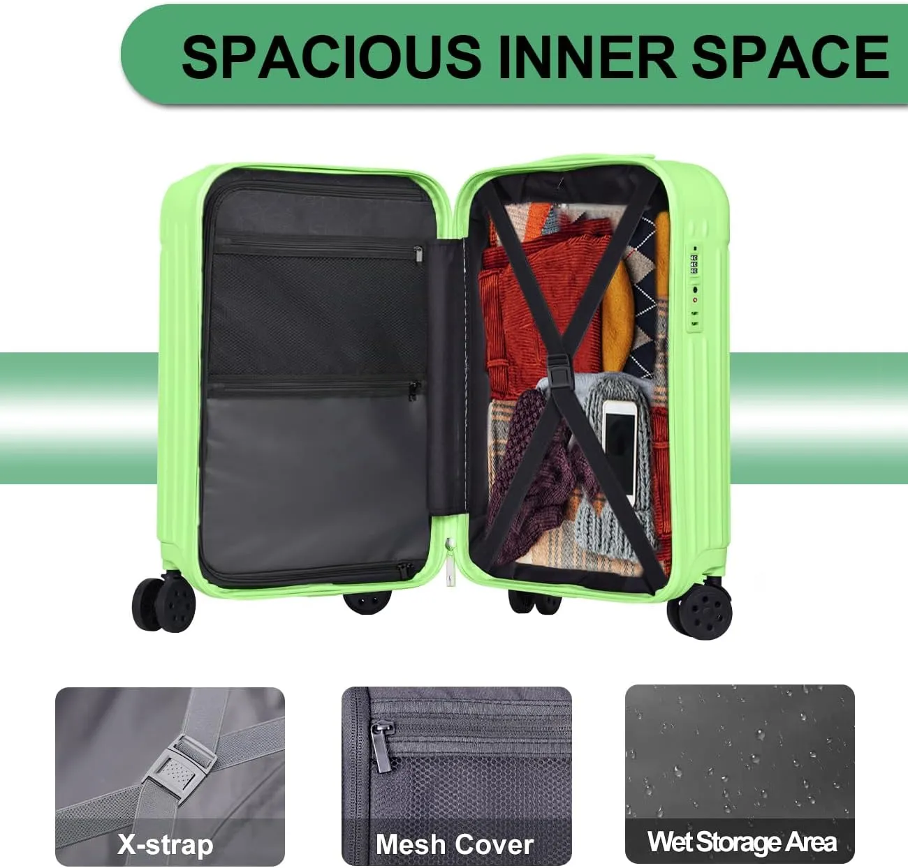 Krute Carry on Luggage 20 Inch USB Suitcases with Spinner Double Wheels Cup Holder PC ABS Hardside Luggage with TSA Lock (AppleGreen