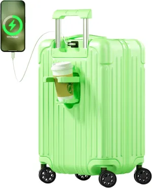 Krute Carry on Luggage 20 Inch USB Suitcases with Spinner Double Wheels Cup Holder PC ABS Hardside Luggage with TSA Lock (AppleGreen