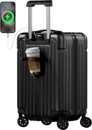 Krute Carry on Luggage 20 Inch USB Suitcases with Spinner Double Wheels Cup Holder PC ABS Hardside Luggage with TSA Lock (Black)
