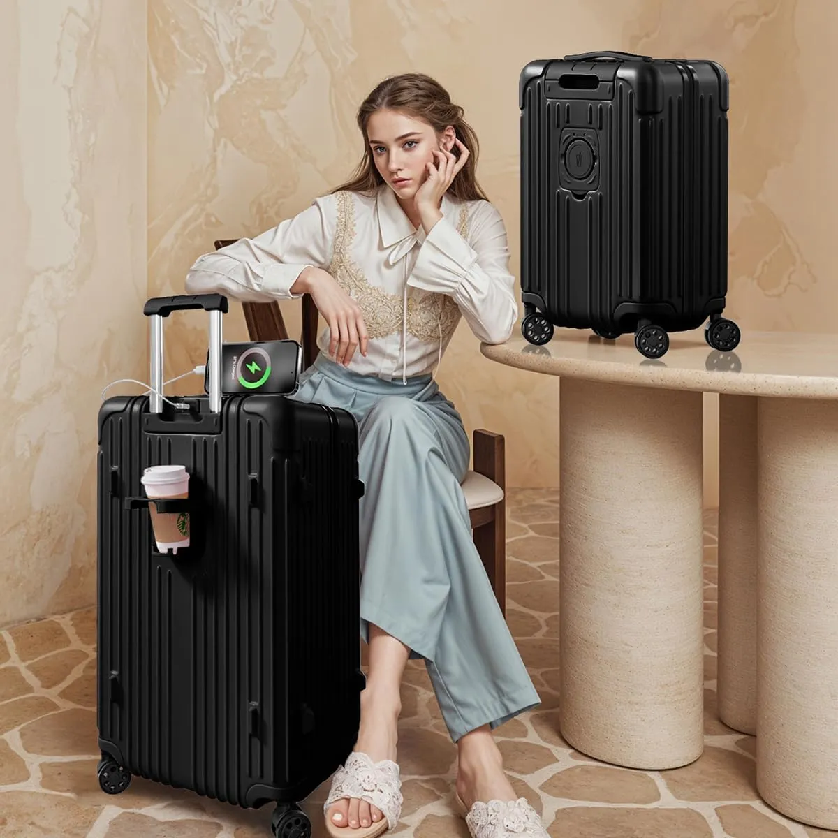 Krute Carry on Luggage 20 Inch USB Suitcases with Spinner Double Wheels Cup Holder PC ABS Hardside Luggage with TSA Lock (Black)