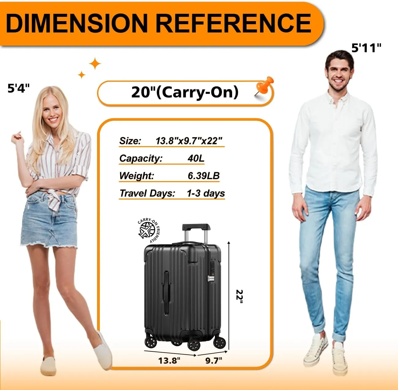 Krute Carry on Luggage 20 Inch USB Suitcases with Spinner Double Wheels Cup Holder PC ABS Hardside Luggage with TSA Lock (Black)