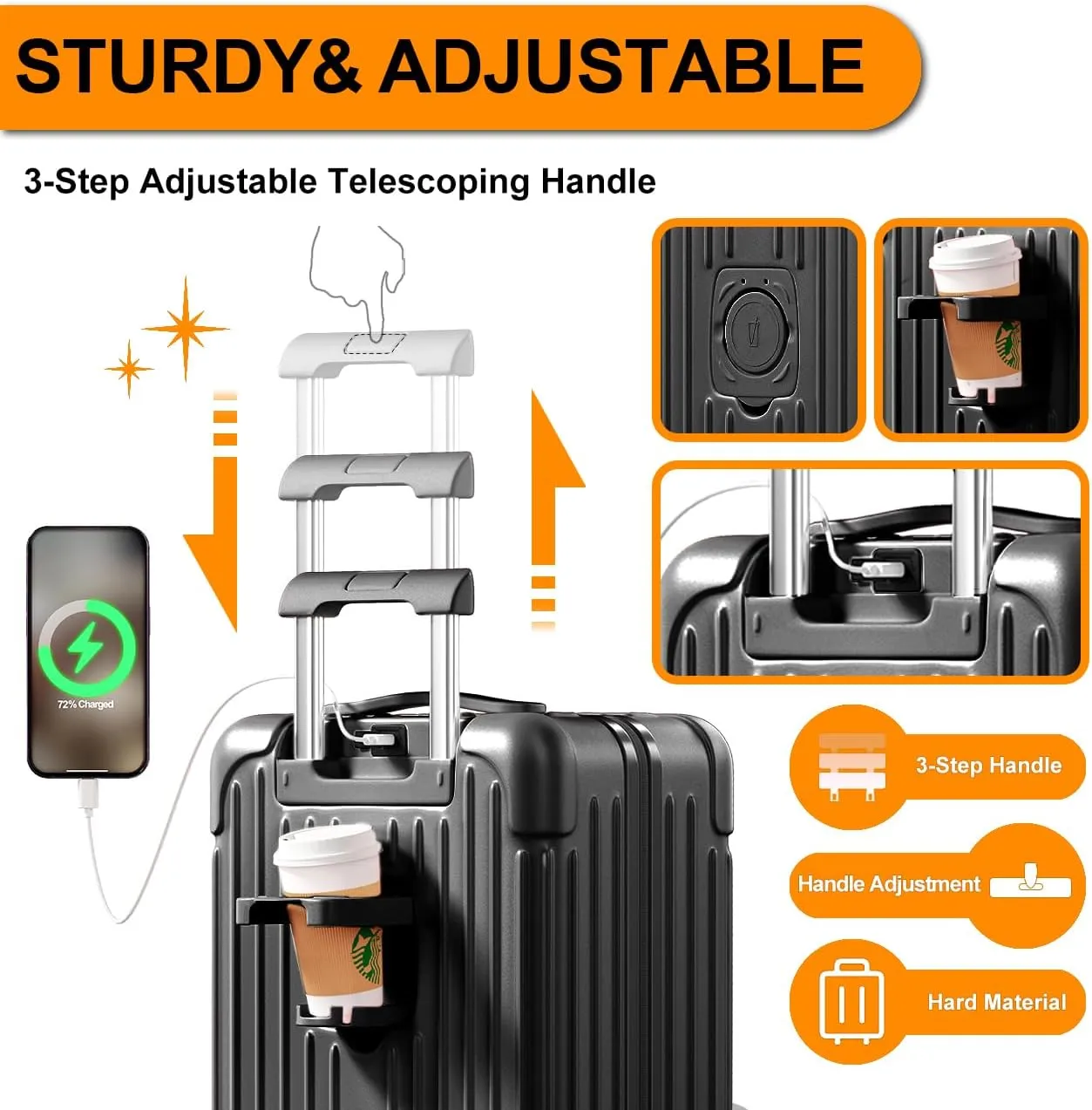 Krute Carry on Luggage 20 Inch USB Suitcases with Spinner Double Wheels Cup Holder PC ABS Hardside Luggage with TSA Lock (Black)