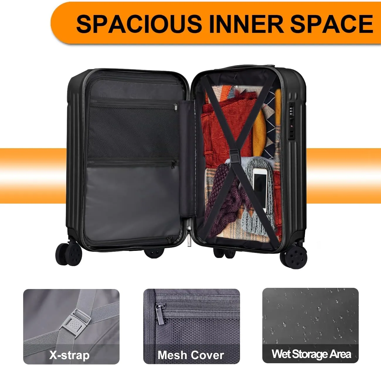 Krute Carry on Luggage 20 Inch USB Suitcases with Spinner Double Wheels Cup Holder PC ABS Hardside Luggage with TSA Lock (Black)