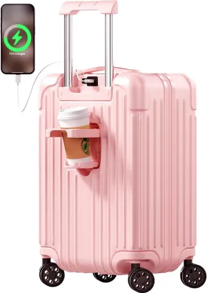 Krute Carry on Luggage 20 Inch USB Suitcases with Spinner Double Wheels Cup Holder PC ABS Hardside Luggage with TSA Lock (Pink)