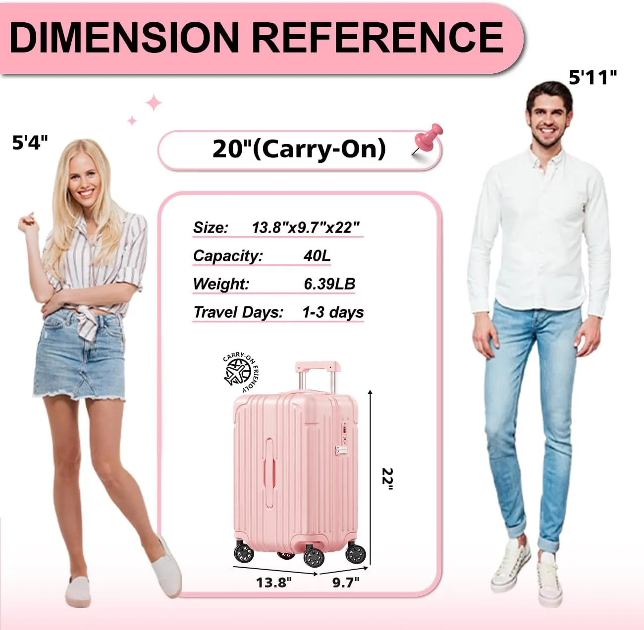 Krute Carry on Luggage 20 Inch USB Suitcases with Spinner Double Wheels Cup Holder PC ABS Hardside Luggage with TSA Lock (Pink)