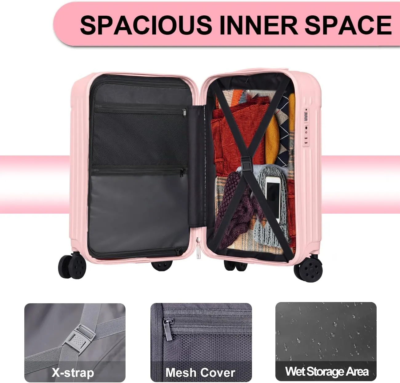 Krute Carry on Luggage 20 Inch USB Suitcases with Spinner Double Wheels Cup Holder PC ABS Hardside Luggage with TSA Lock (Pink)