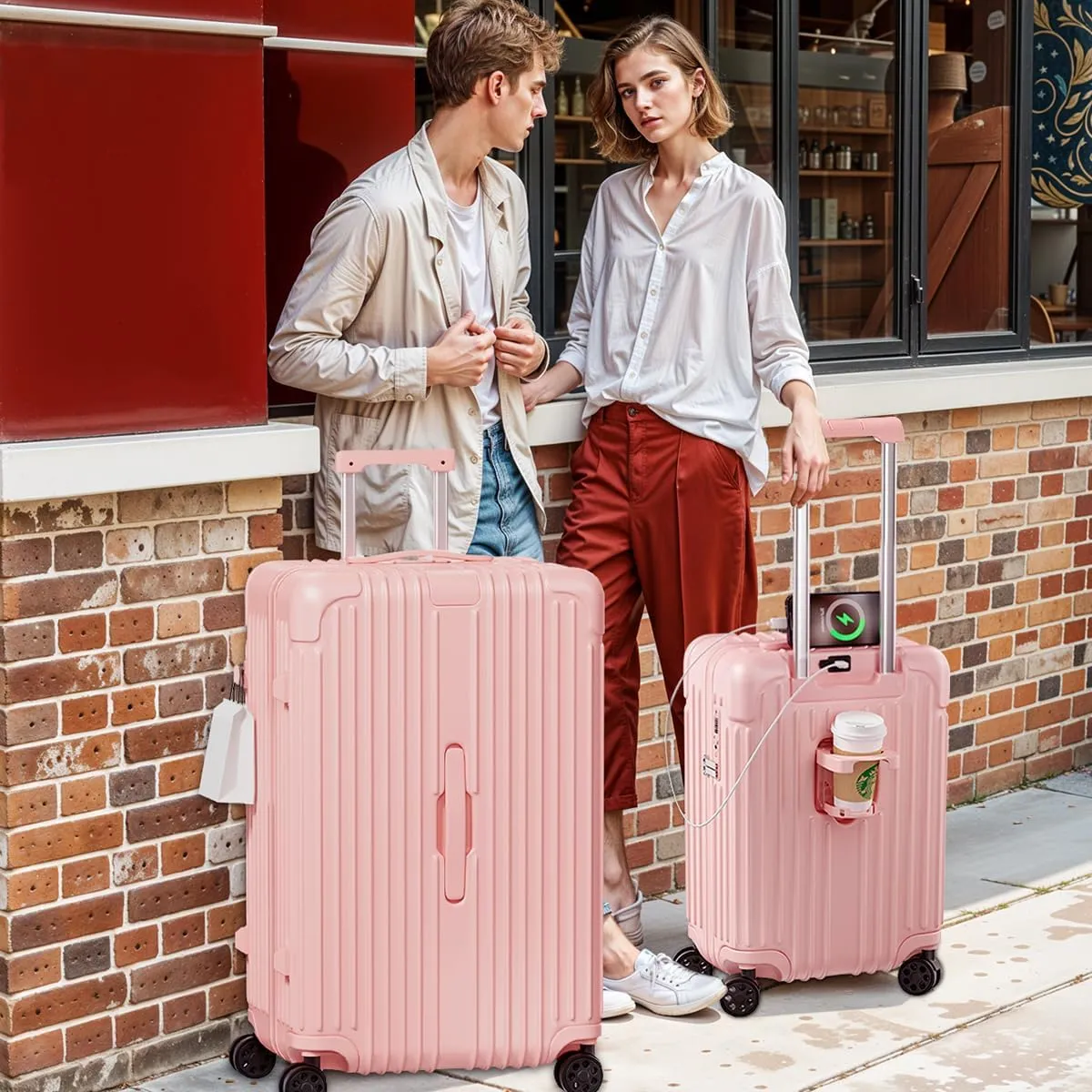 Krute Carry on Luggage 20 Inch USB Suitcases with Spinner Double Wheels Cup Holder PC ABS Hardside Luggage with TSA Lock (Pink)