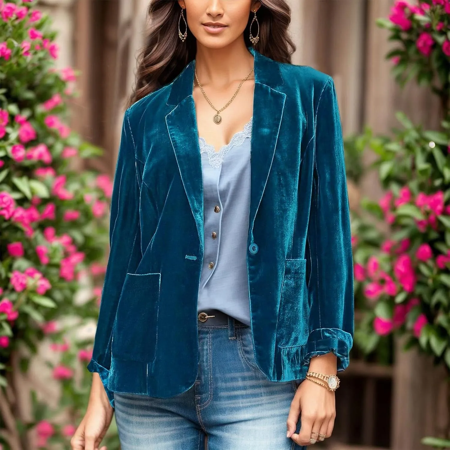 Ladies Gold Velvet Denim Jacket Single Breasted Long Sleeve Lapel Solid Color Short Style Winter Fitted Wool Coat Womens Coat