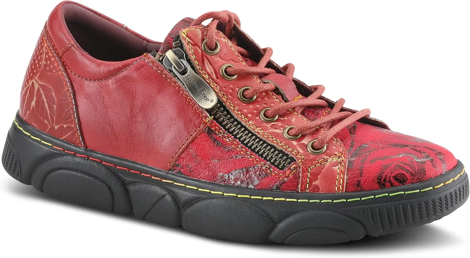 L'Artiste by Spring Step Women's Danli-Bloom Sneaker – Hand-Painted Leather Platform Shoes with Zipper & Lace-Up Closure, Removable Insole, Rainbow Stitching, Comfort Fit