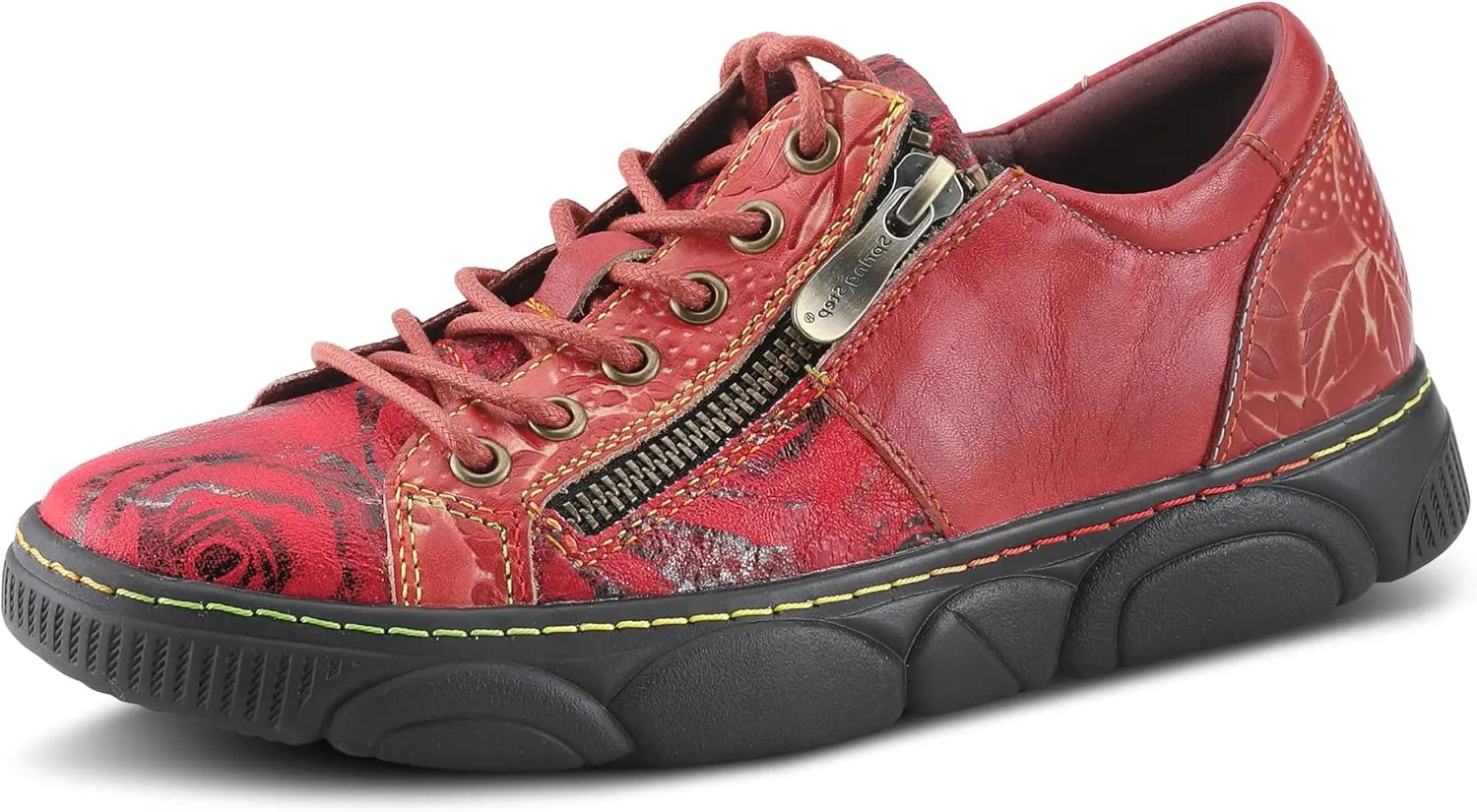 L'Artiste by Spring Step Women's Danli-Bloom Sneaker – Hand-Painted Leather Platform Shoes with Zipper & Lace-Up Closure, Removable Insole, Rainbow Stitching, Comfort Fit