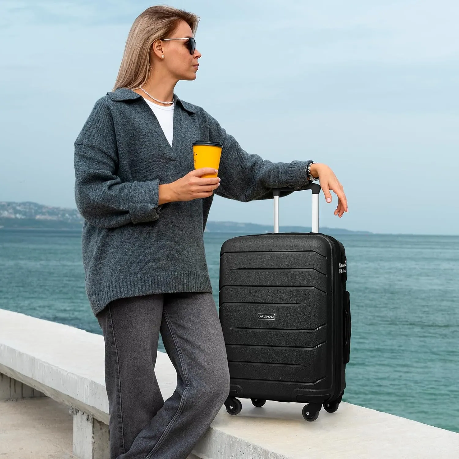 LARVENDER 3-Piece Carry On Luggage for Women,Hard Shell Suitcase 20Inch Carry On Luggage 22x14x9 Airline Approved, Spinner Wheel and TSA Lock（Black 20Inch/DB/TB）