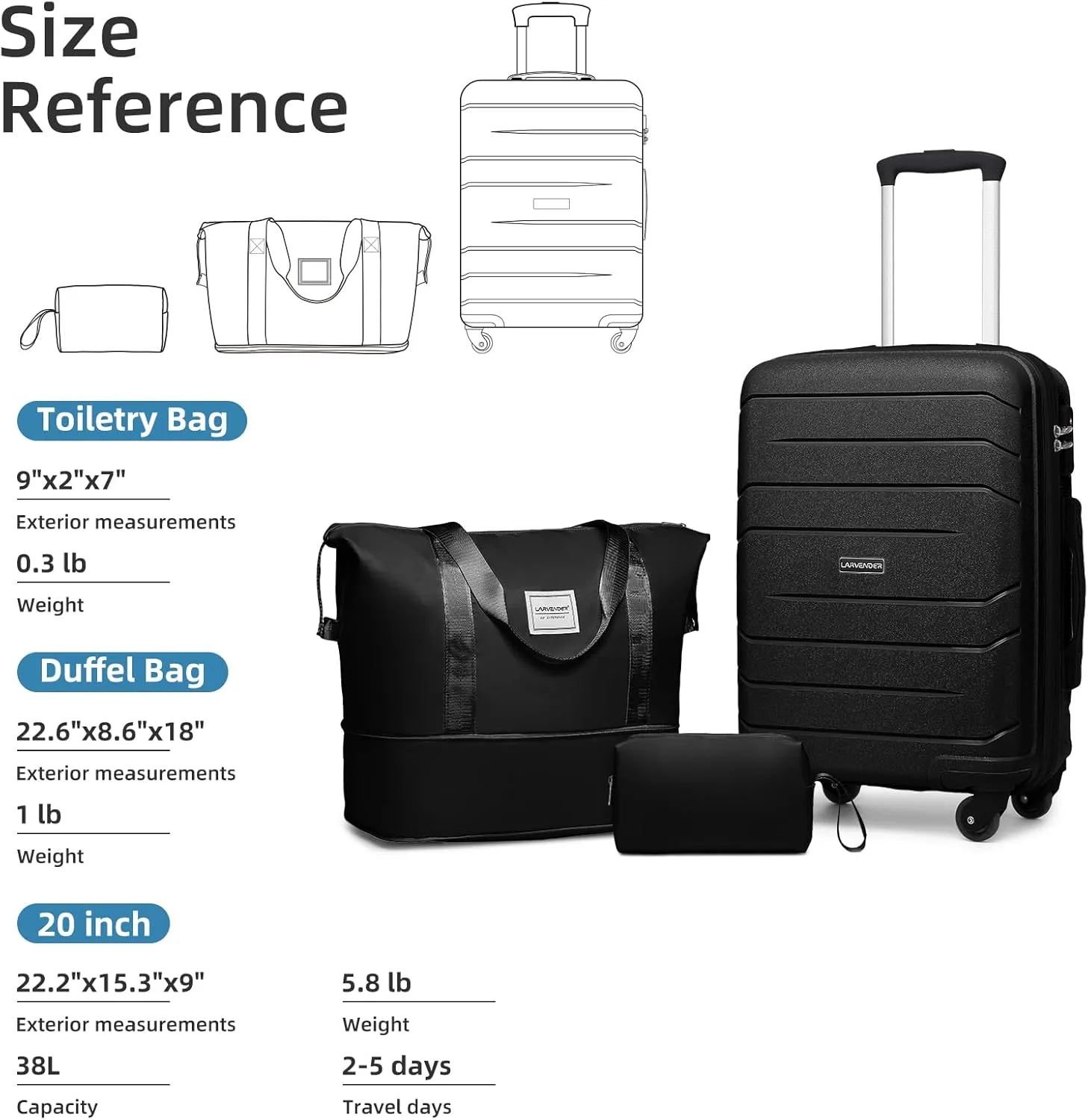 LARVENDER 3-Piece Carry On Luggage for Women,Hard Shell Suitcase 20Inch Carry On Luggage 22x14x9 Airline Approved, Spinner Wheel and TSA Lock（Black 20Inch/DB/TB）