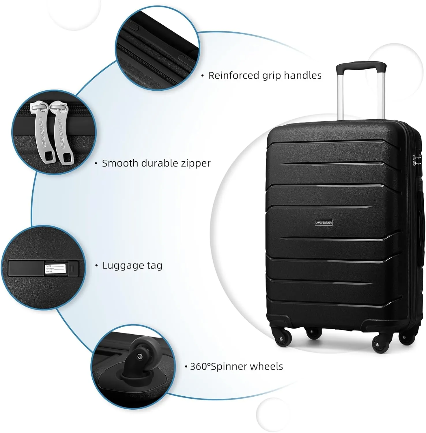 LARVENDER 3-Piece Carry On Luggage for Women,Hard Shell Suitcase 20Inch Carry On Luggage 22x14x9 Airline Approved, Spinner Wheel and TSA Lock（Black 20Inch/DB/TB）