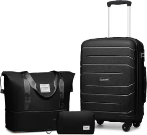 LARVENDER 3-Piece Carry On Luggage for Women,Hard Shell Suitcase 20Inch Carry On Luggage 22x14x9 Airline Approved, Spinner Wheel and TSA Lock（Black 20Inch/DB/TB）