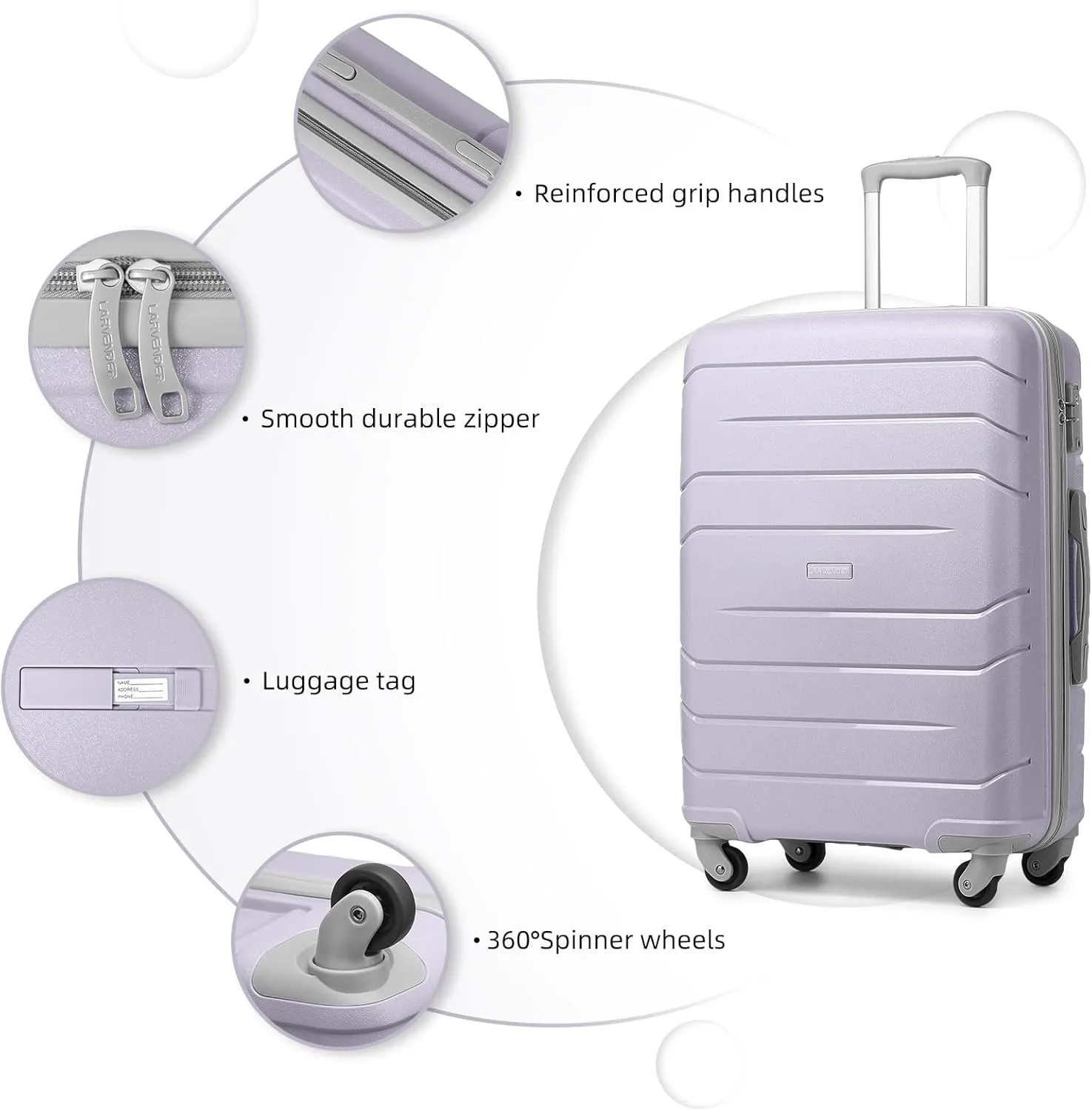 LARVENDER 3-Piece Carry On Luggage for Women,Hard Shell Suitcase 20Inch Carry On Luggage 22x14x9 Airline Approved, Spinner Wheel and TSA Lock（Lavender 20Inch/DB/TB）
