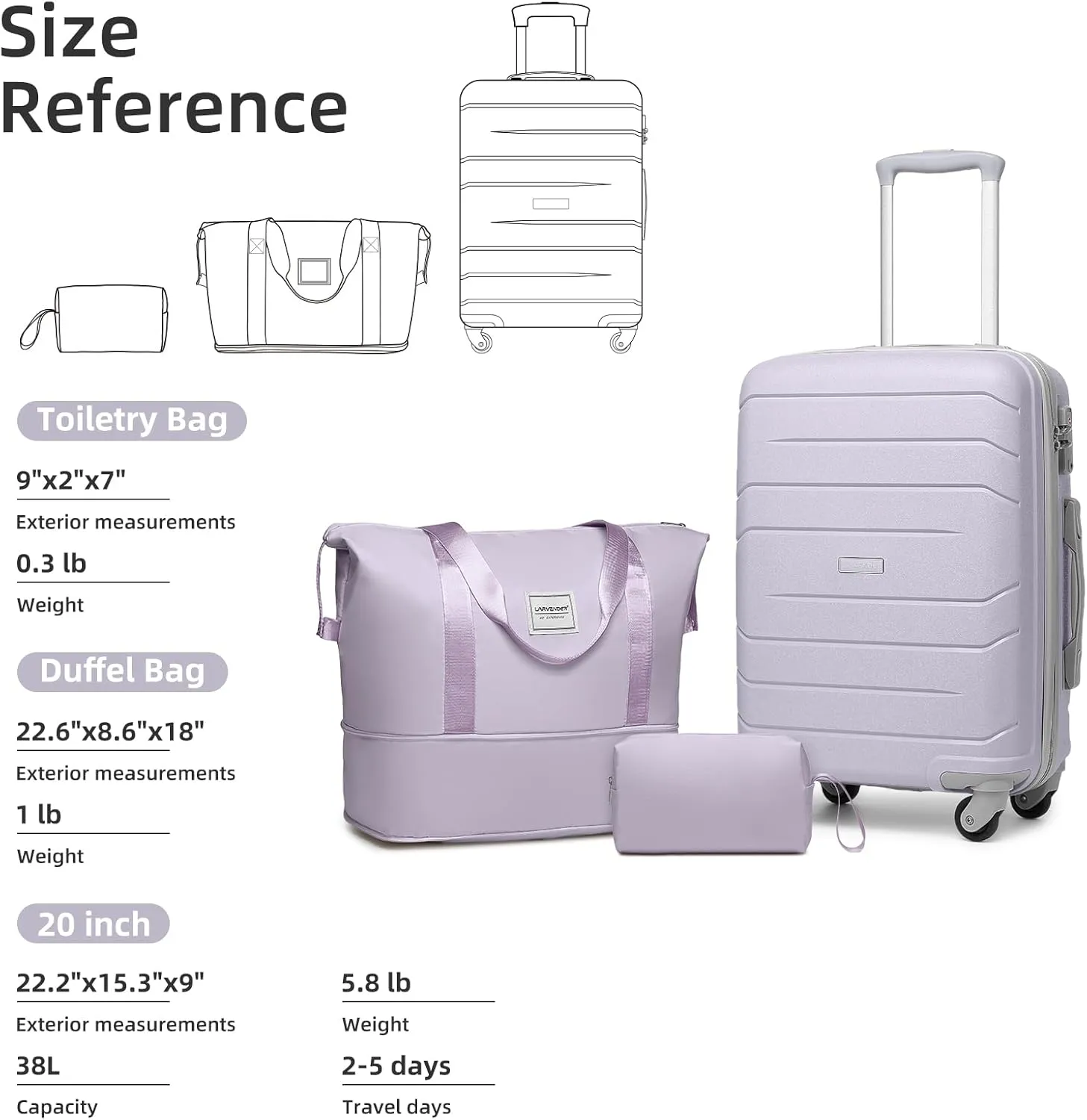LARVENDER 3-Piece Carry On Luggage for Women,Hard Shell Suitcase 20Inch Carry On Luggage 22x14x9 Airline Approved, Spinner Wheel and TSA Lock（Lavender 20Inch/DB/TB）