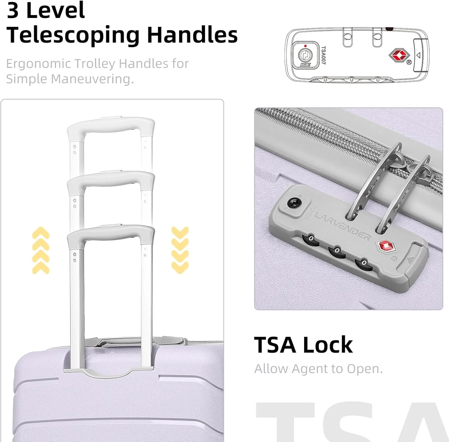 LARVENDER 3-Piece Carry On Luggage for Women,Hard Shell Suitcase 20Inch Carry On Luggage 22x14x9 Airline Approved, Spinner Wheel and TSA Lock（Lavender 20Inch/DB/TB）