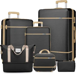 LARVENDER Luggage Sets 6 Piece with Duffel Bag, Expandable(Only 28 & 24") Hardside Luggage with Cosmetic Case 360° Spinner Wheels, Durable Luggage Set Clearance For Women Men, Black