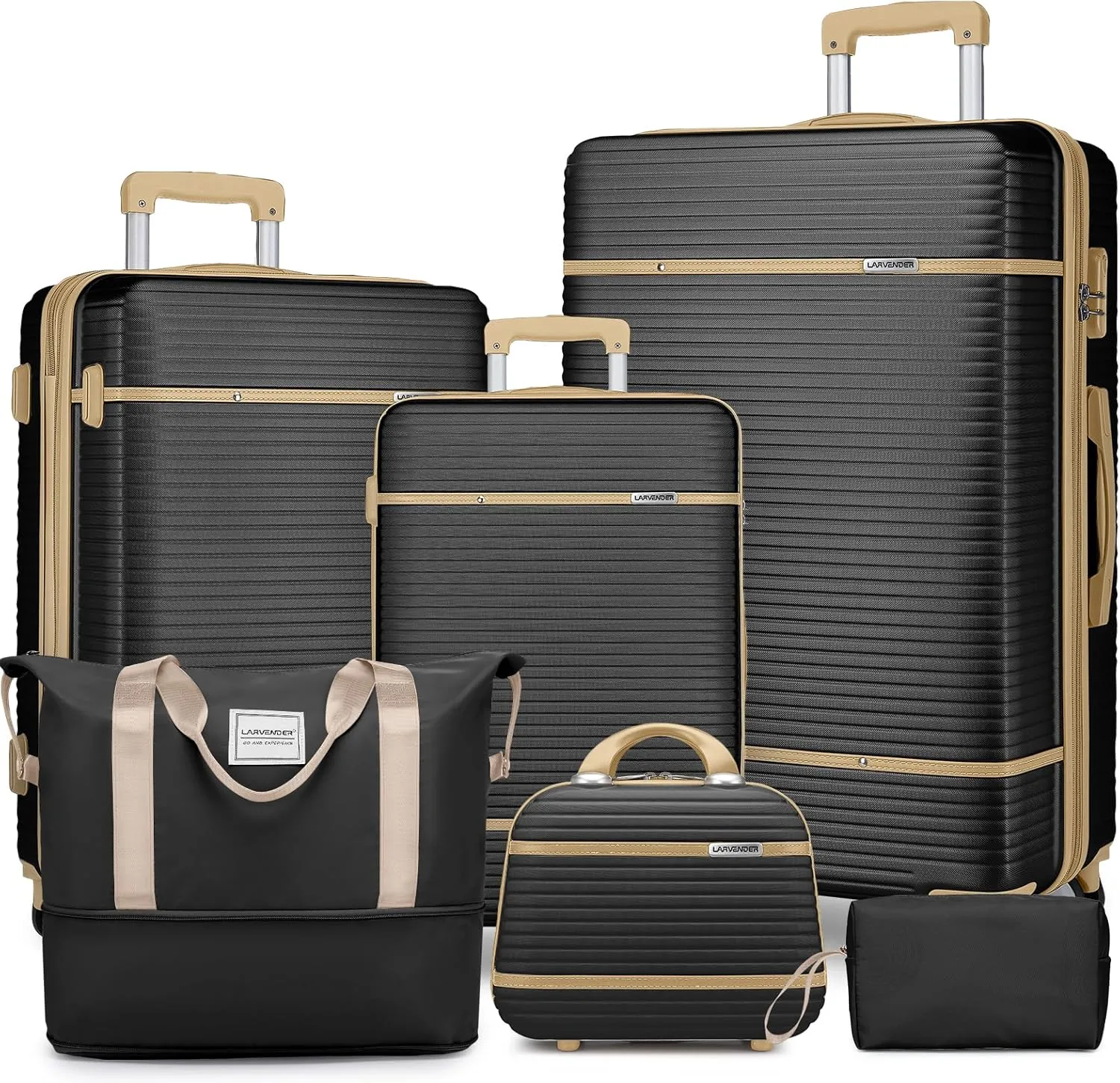 LARVENDER Luggage Sets 6 Piece with Duffel Bag, Expandable(Only 28 & 24") Hardside Luggage with Cosmetic Case 360° Spinner Wheels, Durable Luggage Set Clearance For Women Men, Black