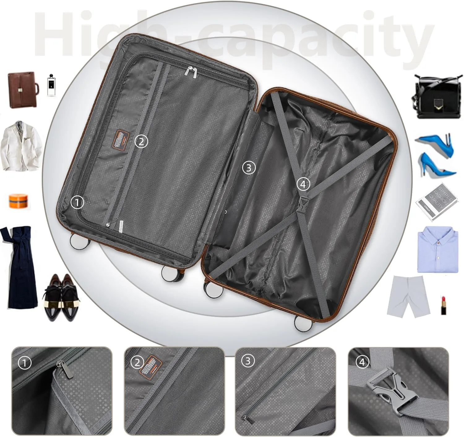 LARVENDER Luggage Sets for Women 6 Piece Hardside Expandable Suitcases with Wheels TSA Lock, Lightweight Travel Carry On Suitcase Set with Two Cosmetic Cases, White Brown