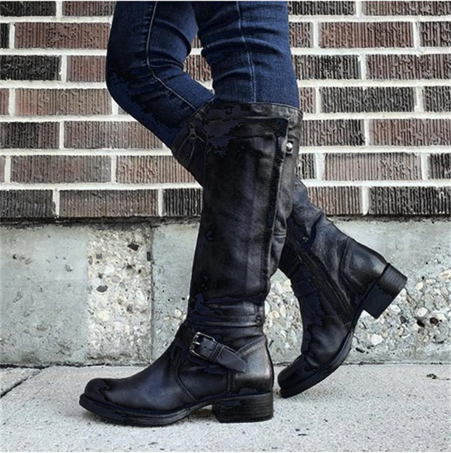 Lausiuoe Boots For Women Low Heel Mid Calf Comfortable Winter Boots Side Zip Slouchy Western Cowboy Warm Non Slip Outdoor Shoes