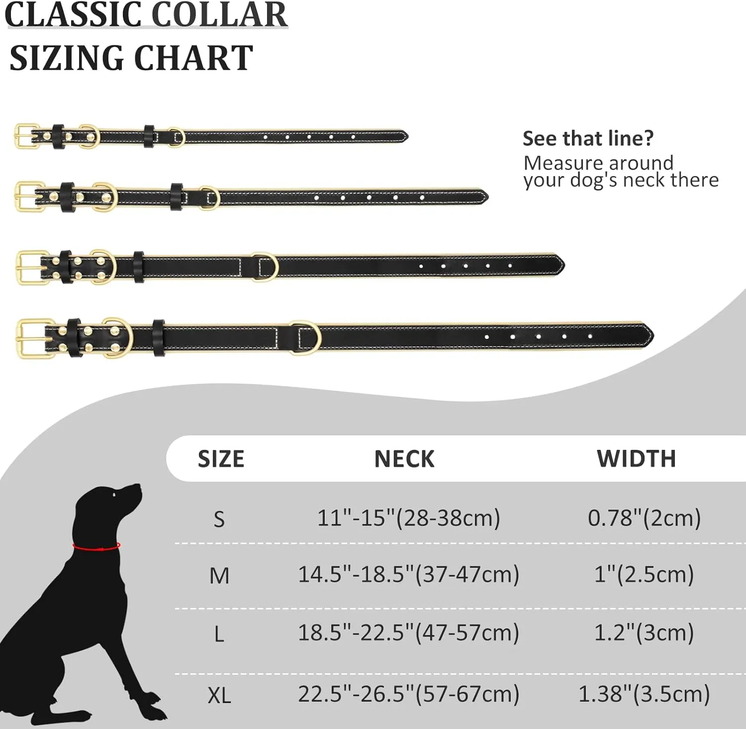 Leather Dog Collar for Small Medium and Large Dogs, Soft Padded Dog Leather Collar with Gold Buckle, Adjustable Genuine Leather Collars for Large Dogs(Black, L)