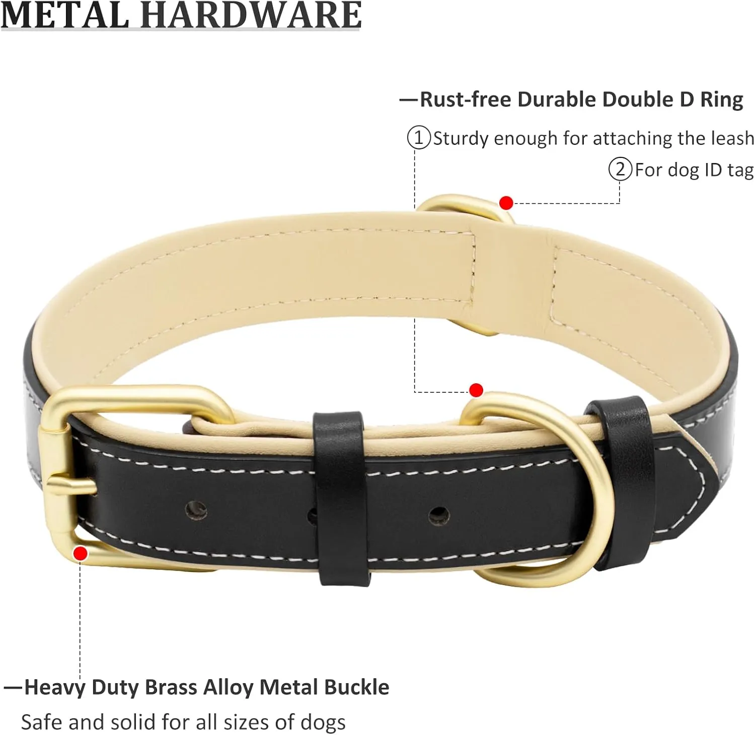 Leather Dog Collar for Small Medium and Large Dogs, Soft Padded Dog Leather Collar with Gold Buckle, Adjustable Genuine Leather Collars for Large Dogs(Black, L)