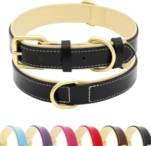 Leather Dog Collar for Small Medium and Large Dogs, Soft Padded Dog Leather Collar with Gold Buckle, Adjustable Genuine Leather Collars for Large Dogs(Black, L)