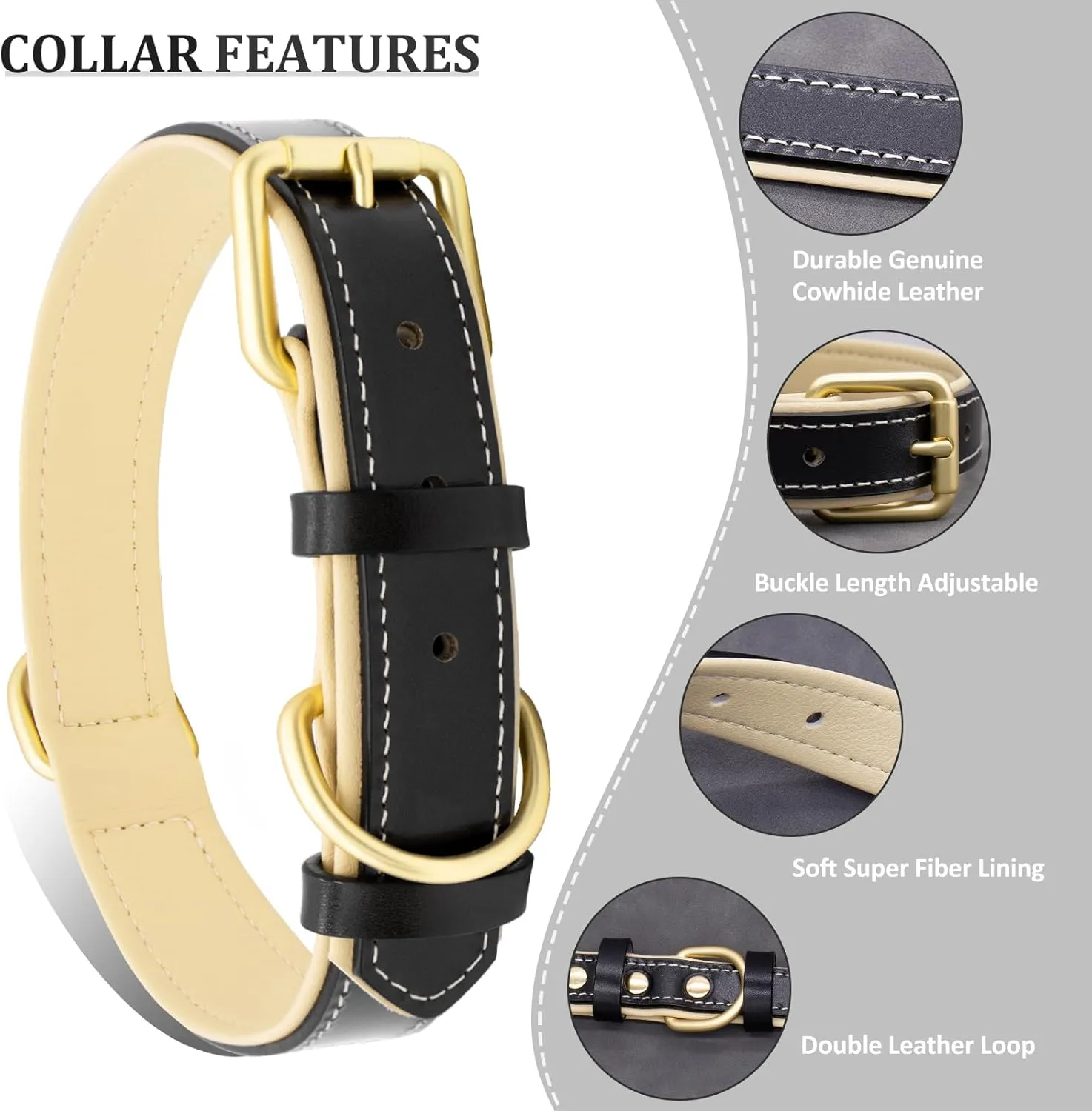 Leather Dog Collar for Small Medium and Large Dogs, Soft Padded Dog Leather Collar with Gold Buckle, Adjustable Genuine Leather Collars for Large Dogs(Black, L)