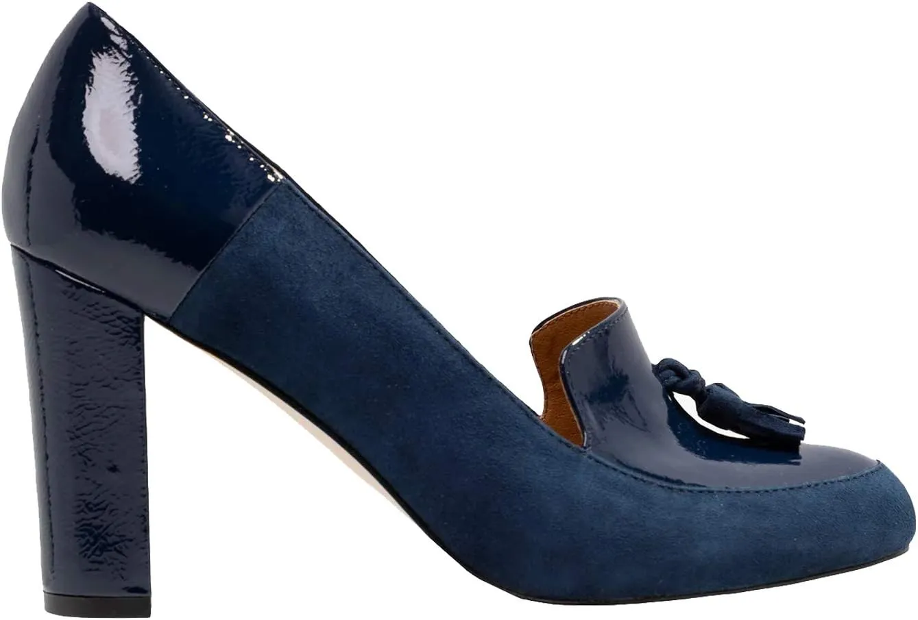 LEHOOR Women Chunky Block High Heel Fringed Pumps Round Toe, Slip On Dress Loafers with Tassel Suede Patent Leather Patchwork for Ladies Girls Office 4-15 M US